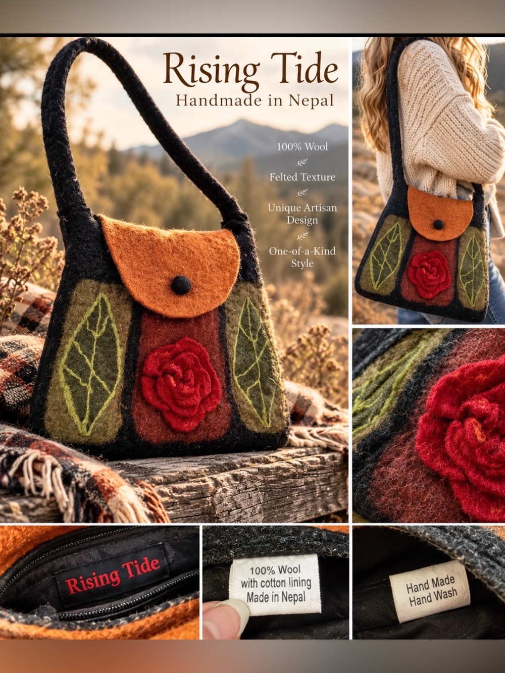 Rising Tide Black Wool Shoulder Bag with Orange Flap and Red Rose